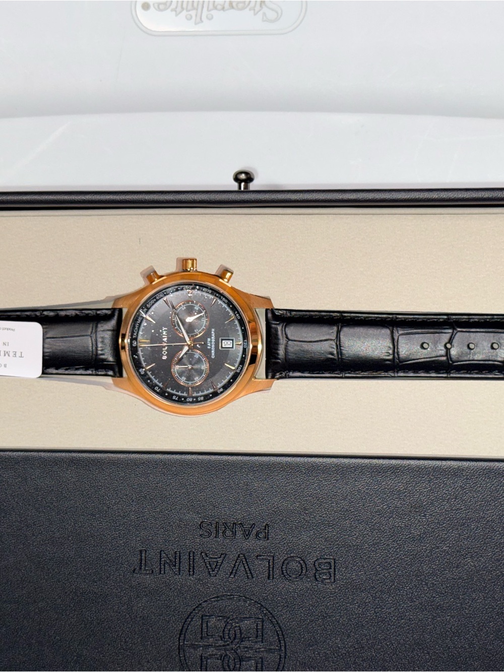 Bolvaint Men’s Black Leather Strap Chronograph Watch with Gold Case - Picture 2 of 5
